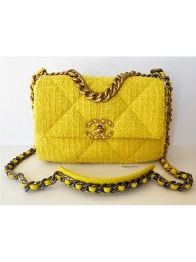 CHANEL 19 Yellow Tweed Medium Flap Bag with Gold and Silver Chain